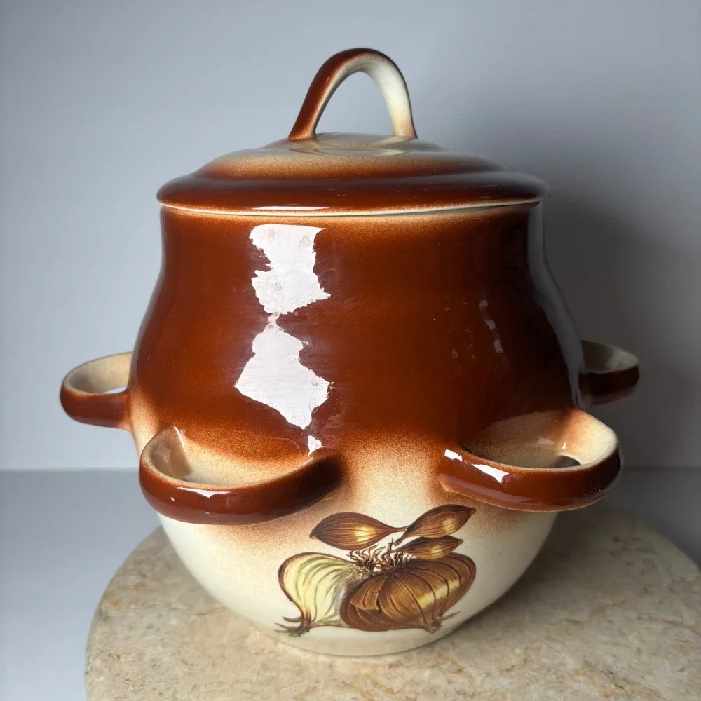 Vintage Ceramic Vegetable Soup Tureen Lidded Bean Pot Brown Cream 6-Handle Large